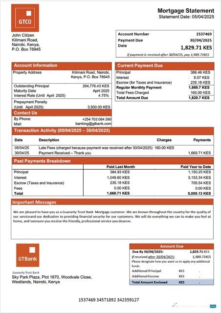 Download Kenya Guaranty Trust Bank mortgage statement Word and PDF template Photoshop template